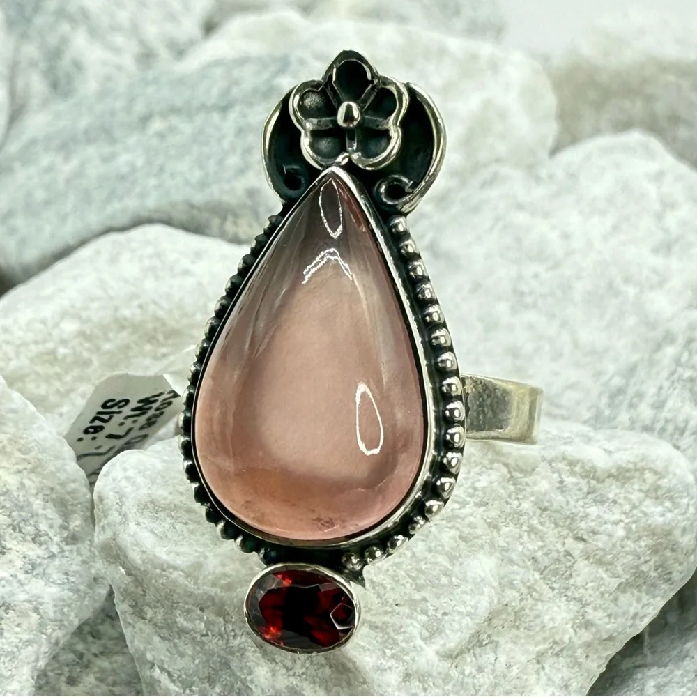 NWT Sterling Silver Rose Quartz & Garnet Ring Size 9 Southwestern Boho 925
